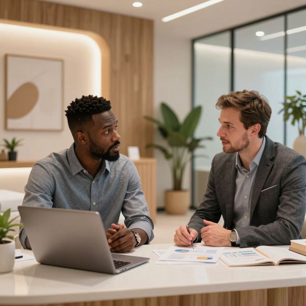 Two men in an office discuss data at a table with a laptop, documents, and plants.