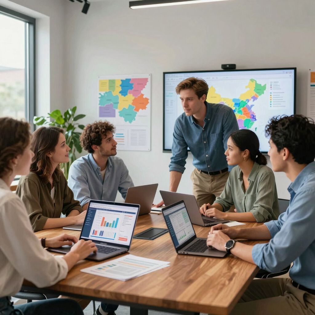 Team meeting around a table with laptops; a man is presenting, with maps on the wall.