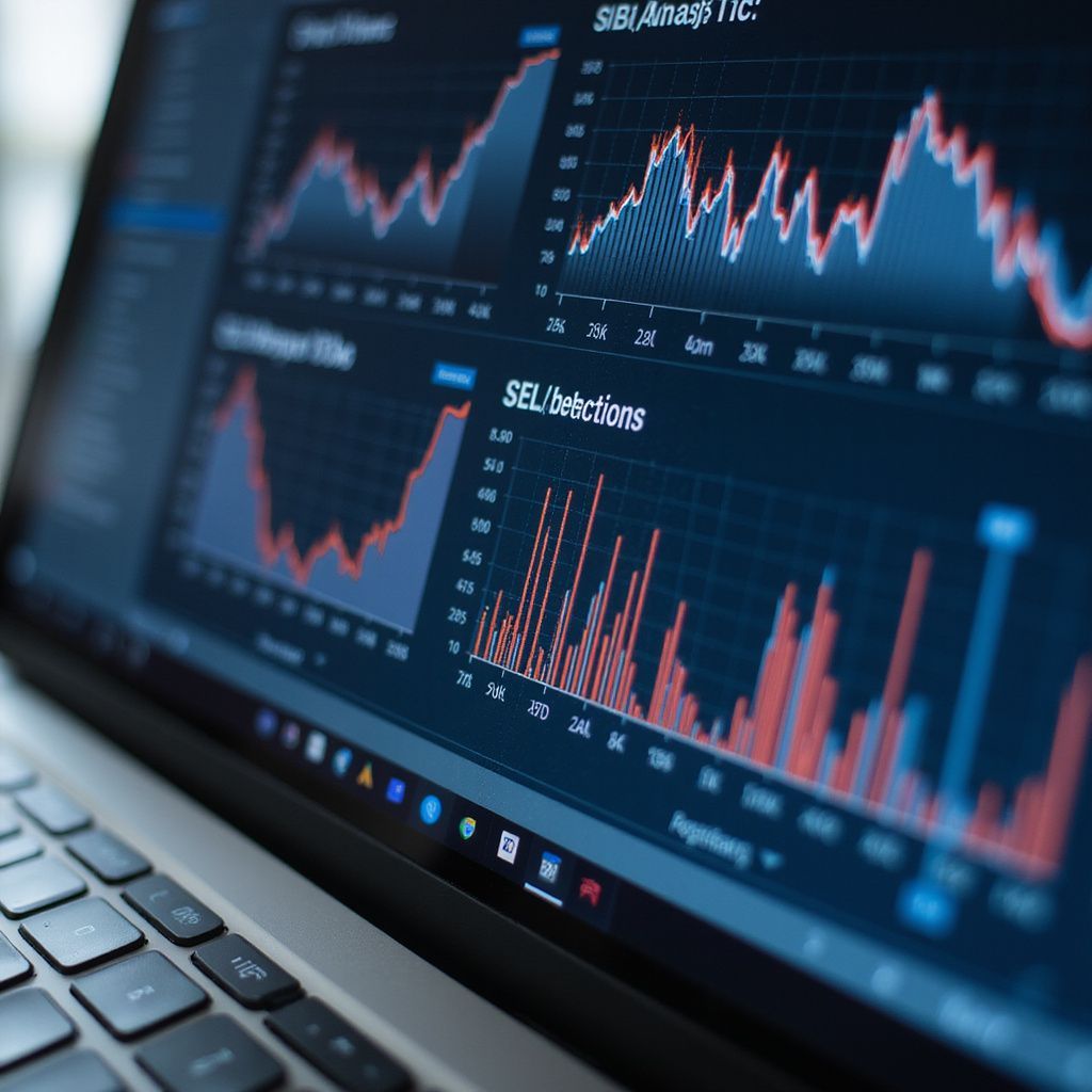 Laptop screen displaying multiple line graphs in blue and red, presumably financial data.