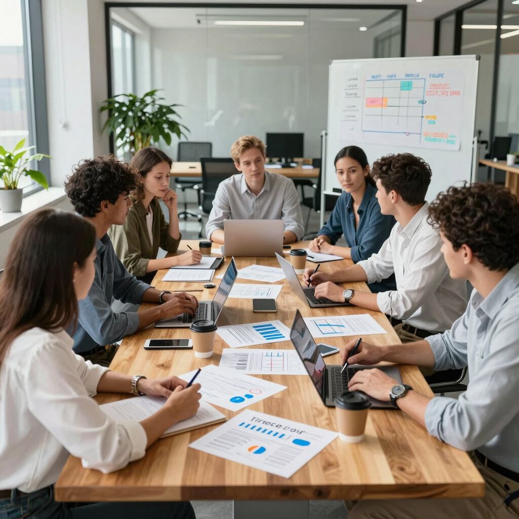 Group of people around a table with laptops, charts, and a whiteboard in an office.