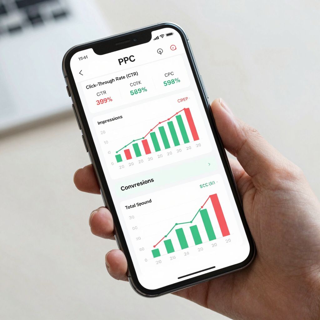 A person holds a phone displaying a PPC dashboard with graphs showing data, primarily green and red.