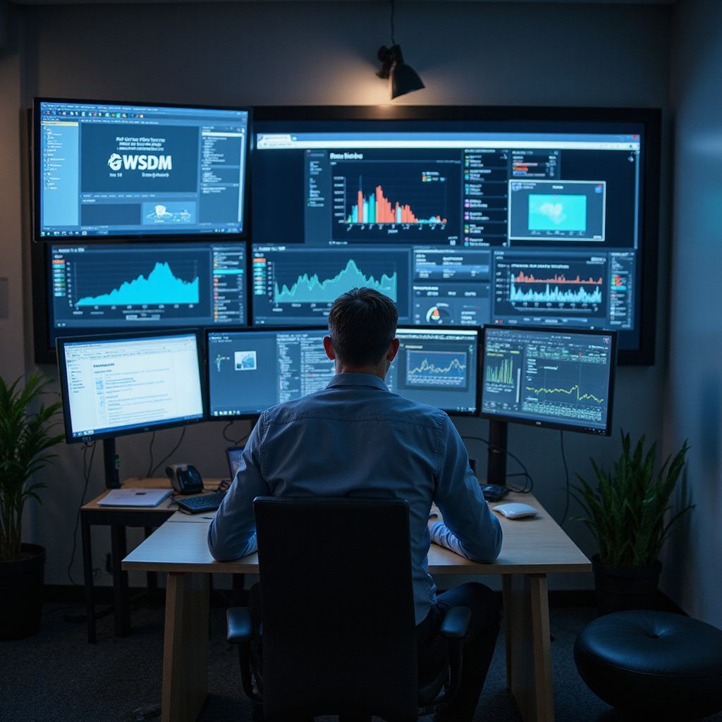 Man at desk, multiple monitors displaying data and graphs, dimly lit room.