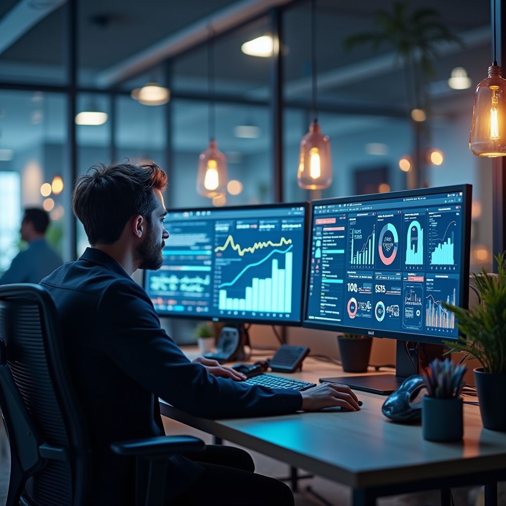 Man analyzes financial data on dual computer monitors in a modern office.