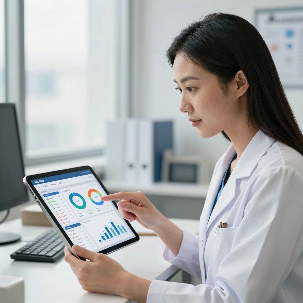 A person in a lab coat looks at a tablet displaying charts and graphs, in an office setting.