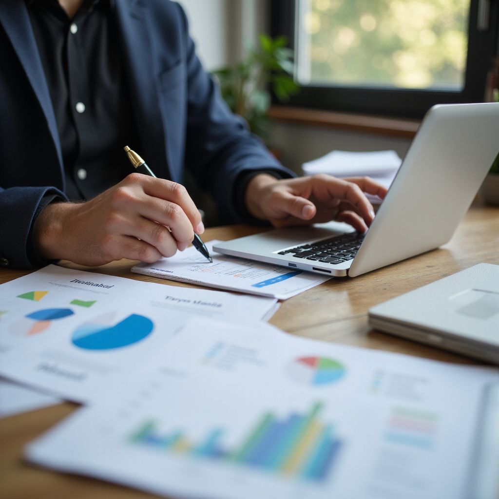 Person in a suit writing on a document while using a laptop, surrounded by financial charts.