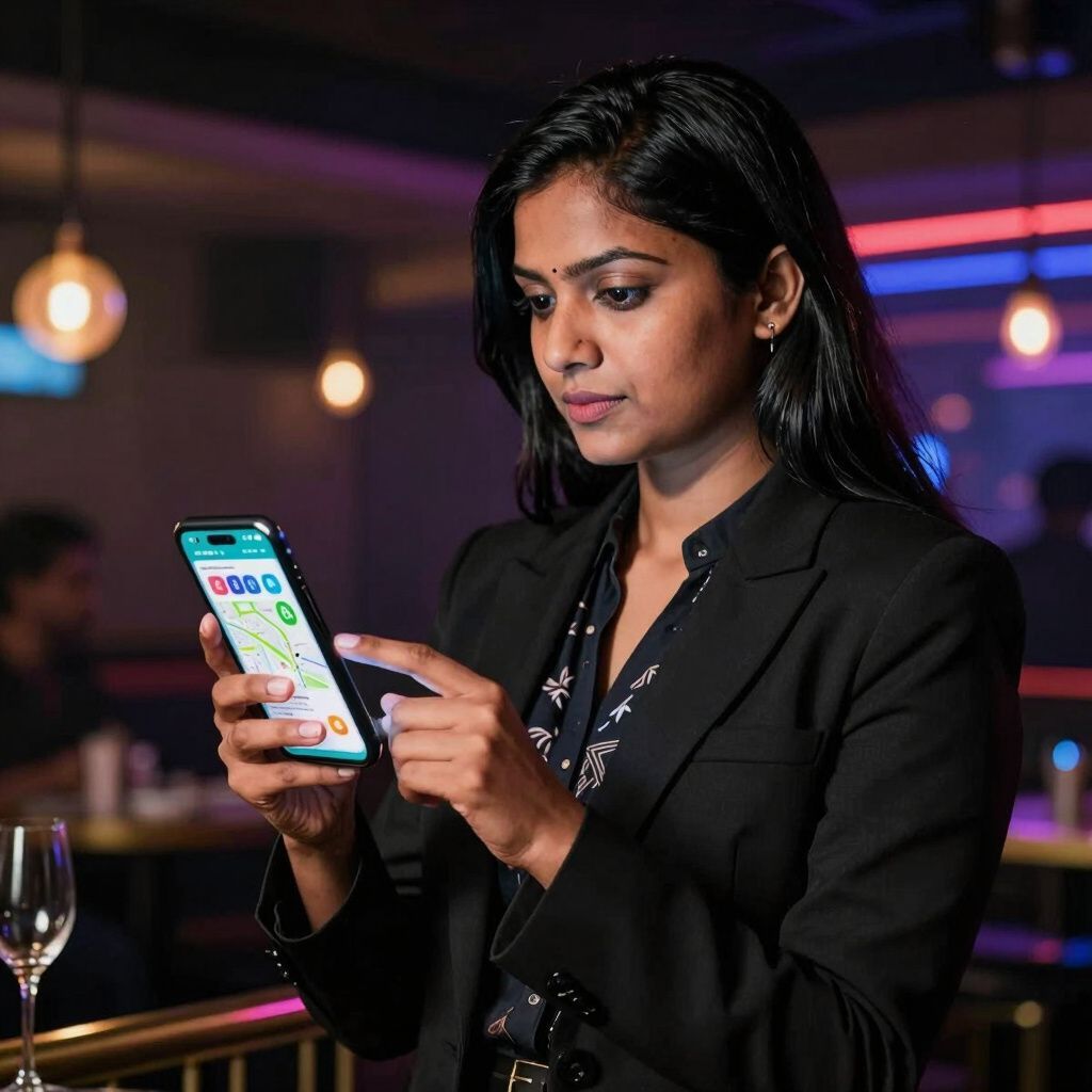 Woman in blazer uses phone, possibly with a map app, in a bar setting.