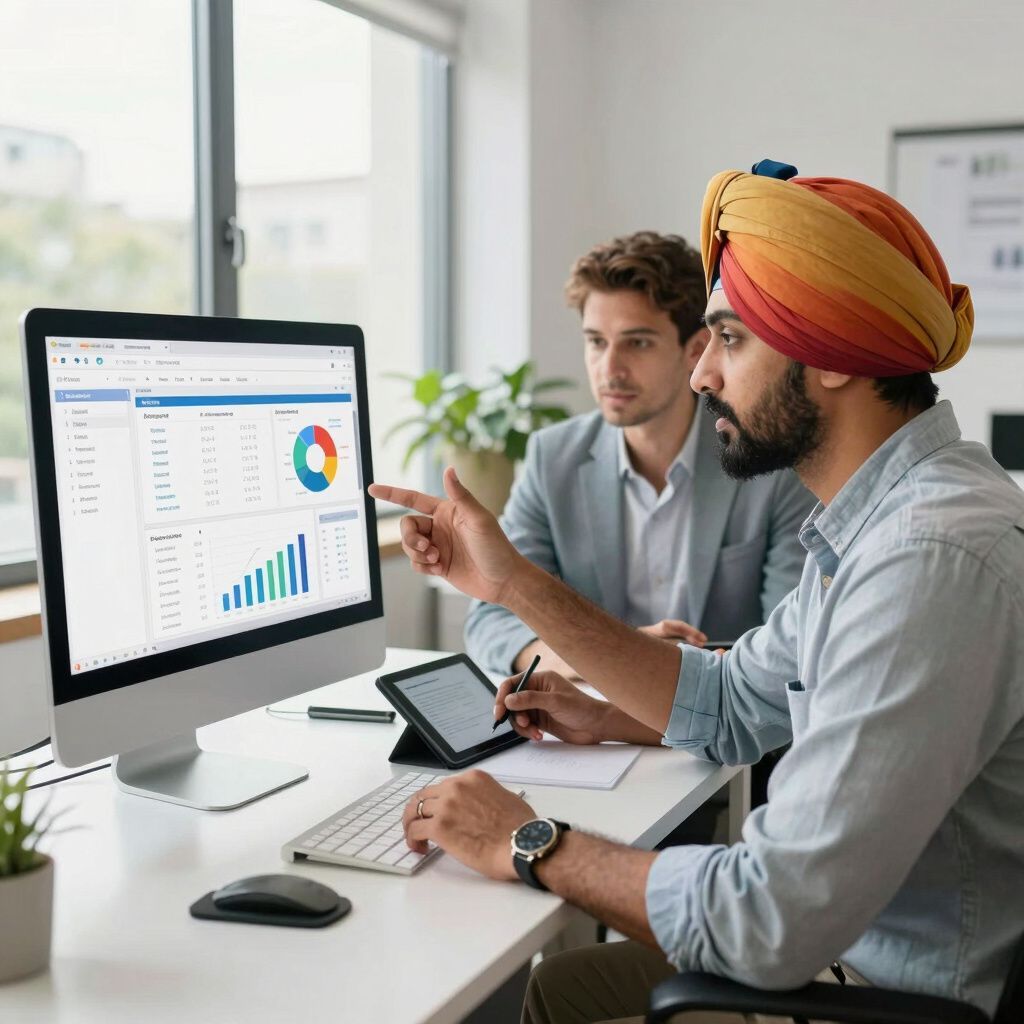 Two men analyzing financial data on a computer screen, one pointing. Office setting.