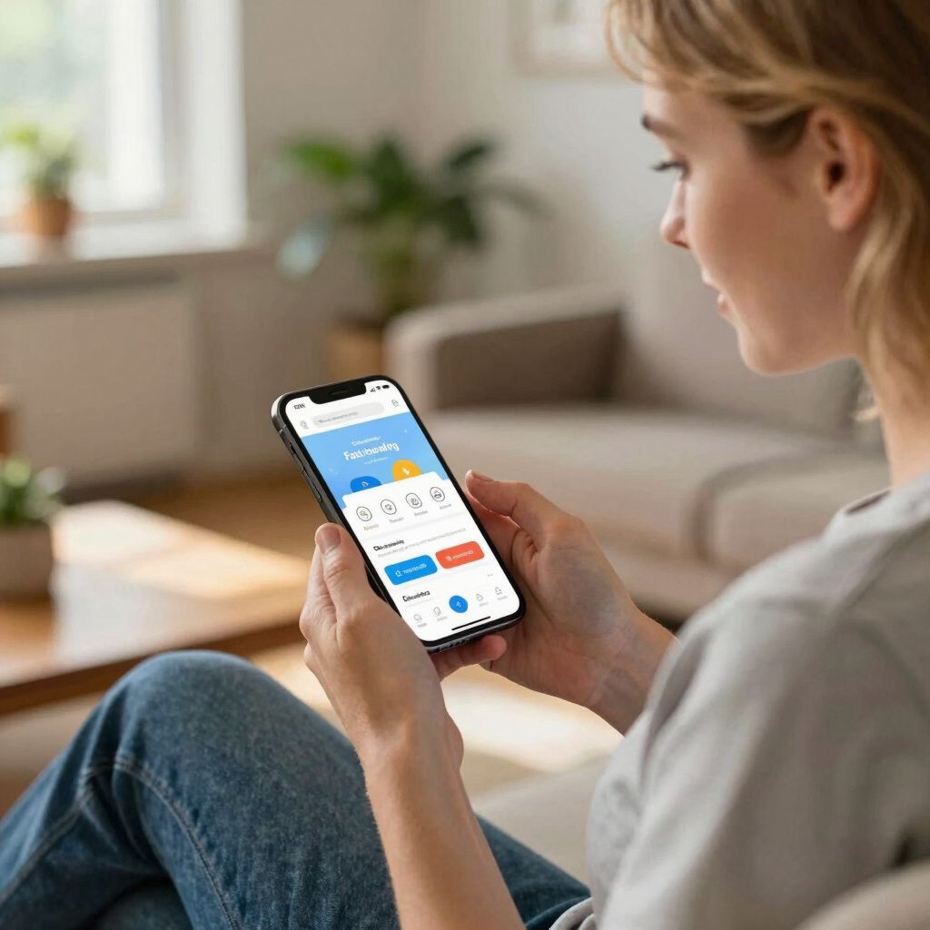 Woman using a smartphone, displaying an app interface. Sitting on a couch indoors.