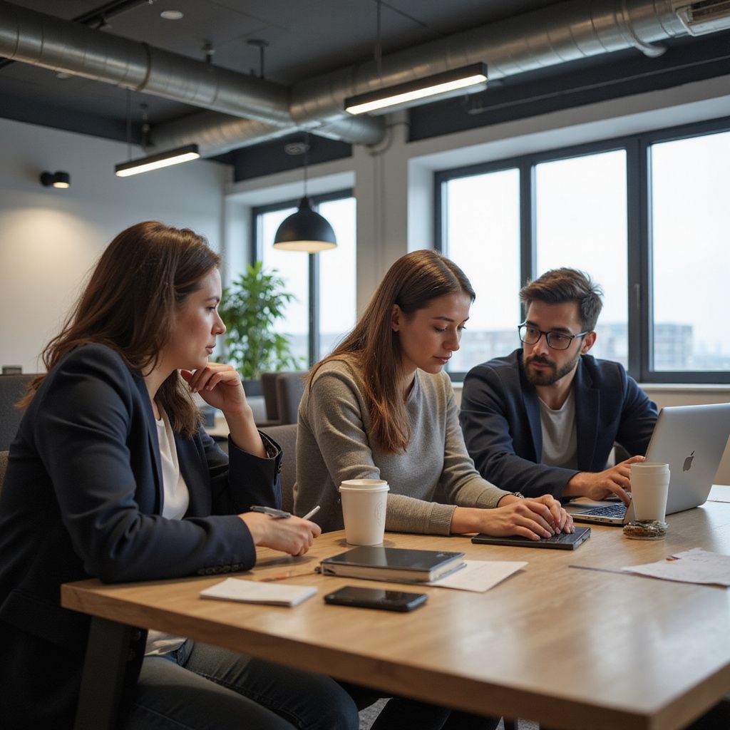Three people in a modern office, working at a table with a laptop, documents, and coffee cups.