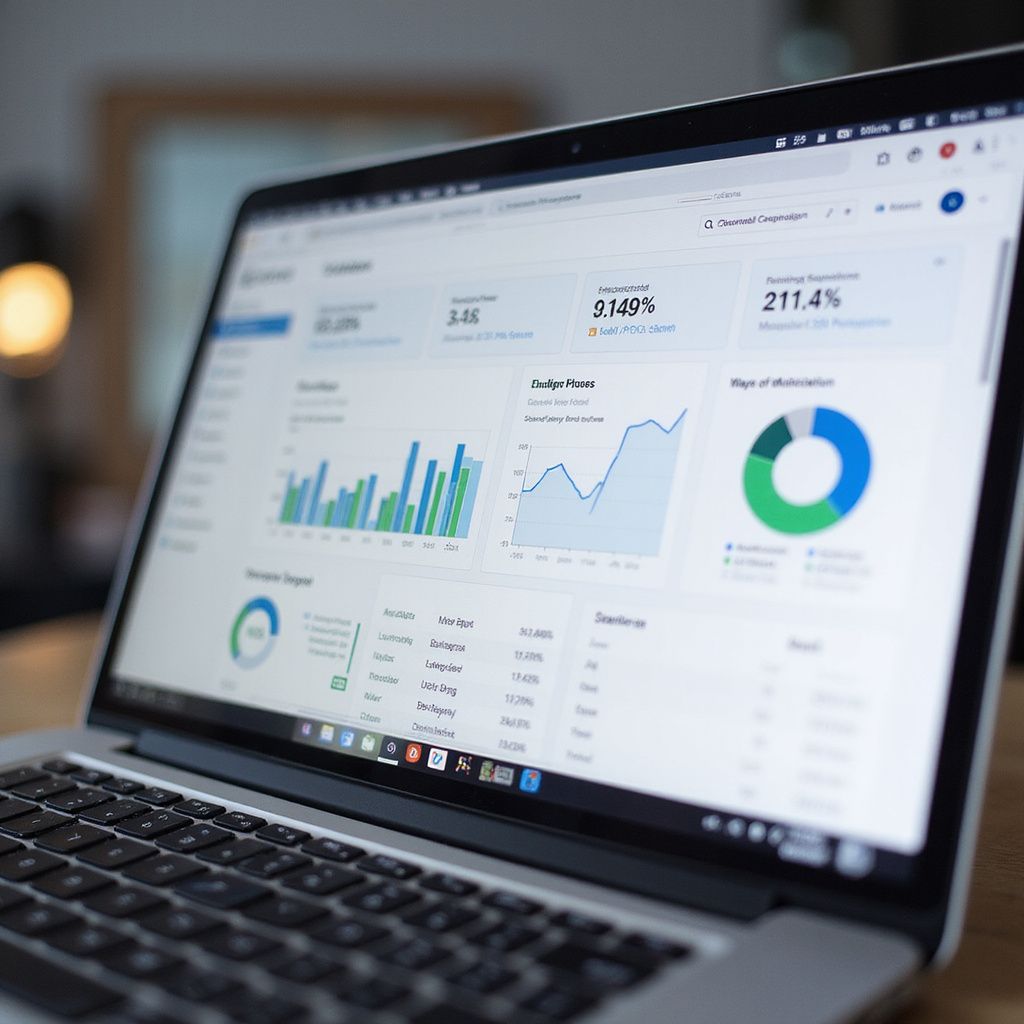 Laptop displaying data analytics charts and graphs.