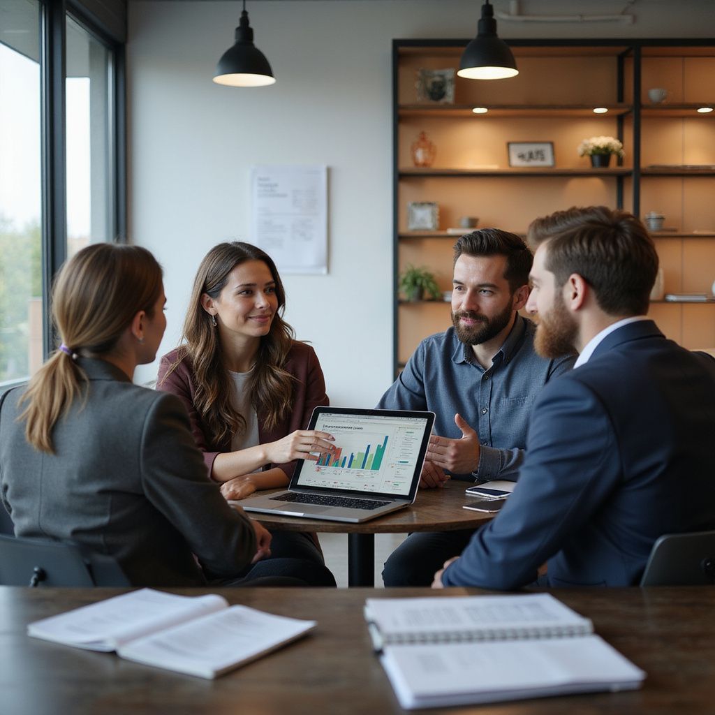 Four people at a table reviewing data on a laptop; a window and shelving are in the background.