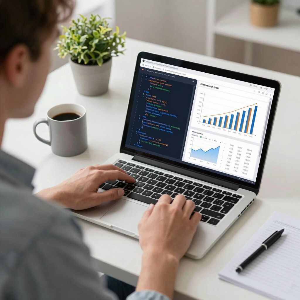 Person coding on a laptop, with charts on screen. Coffee and plant on desk.