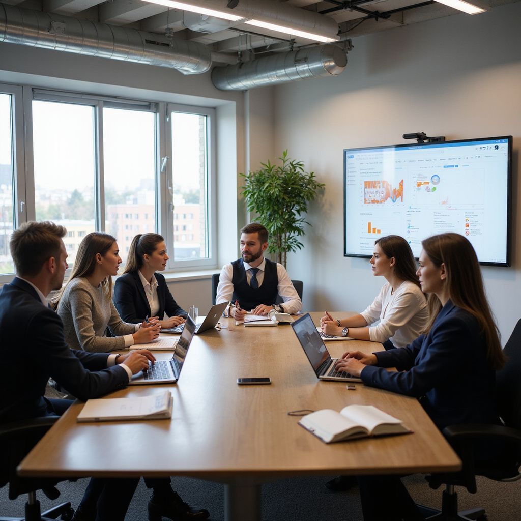 People in business attire at a conference table with laptops, looking at a large screen displaying charts.