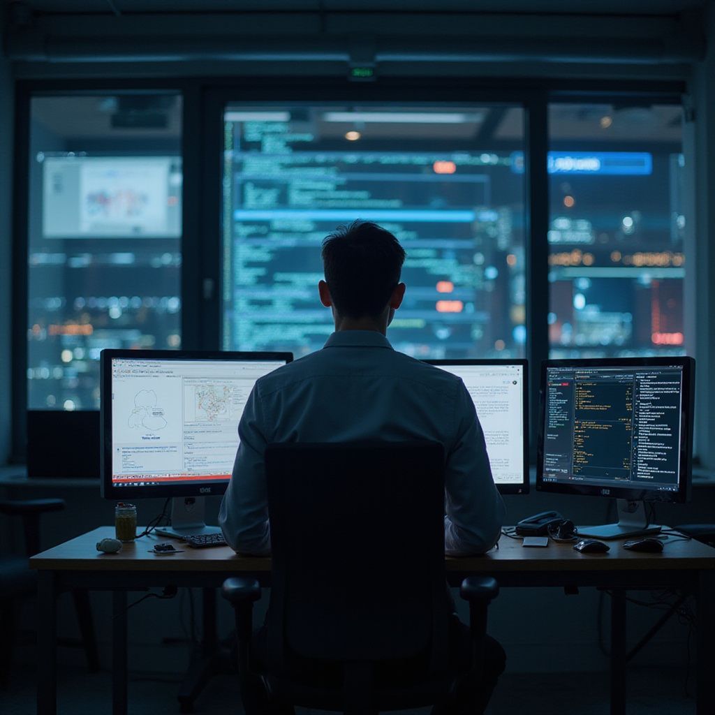 Man coding at a desk with two monitors and a window with city lights in the background.