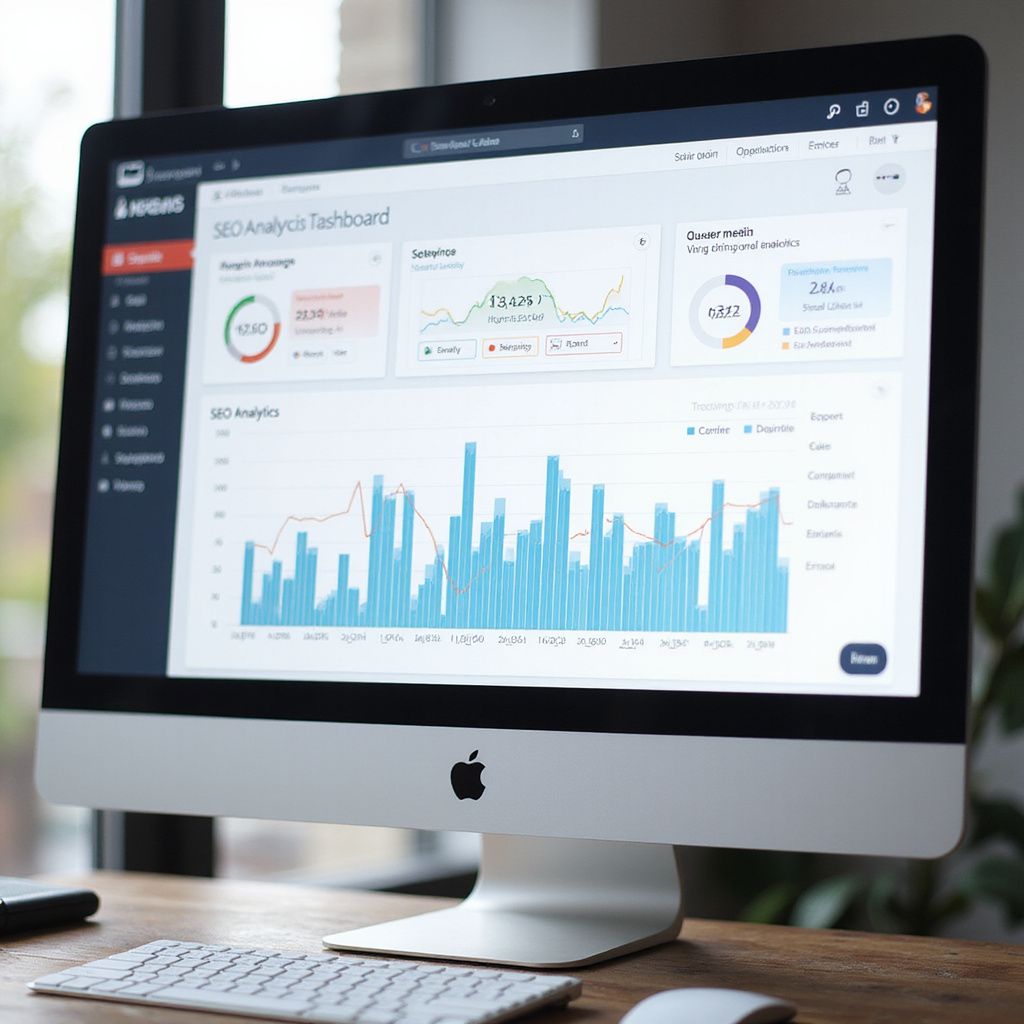 Computer monitor displaying SEO analytics dashboard with graphs and data.