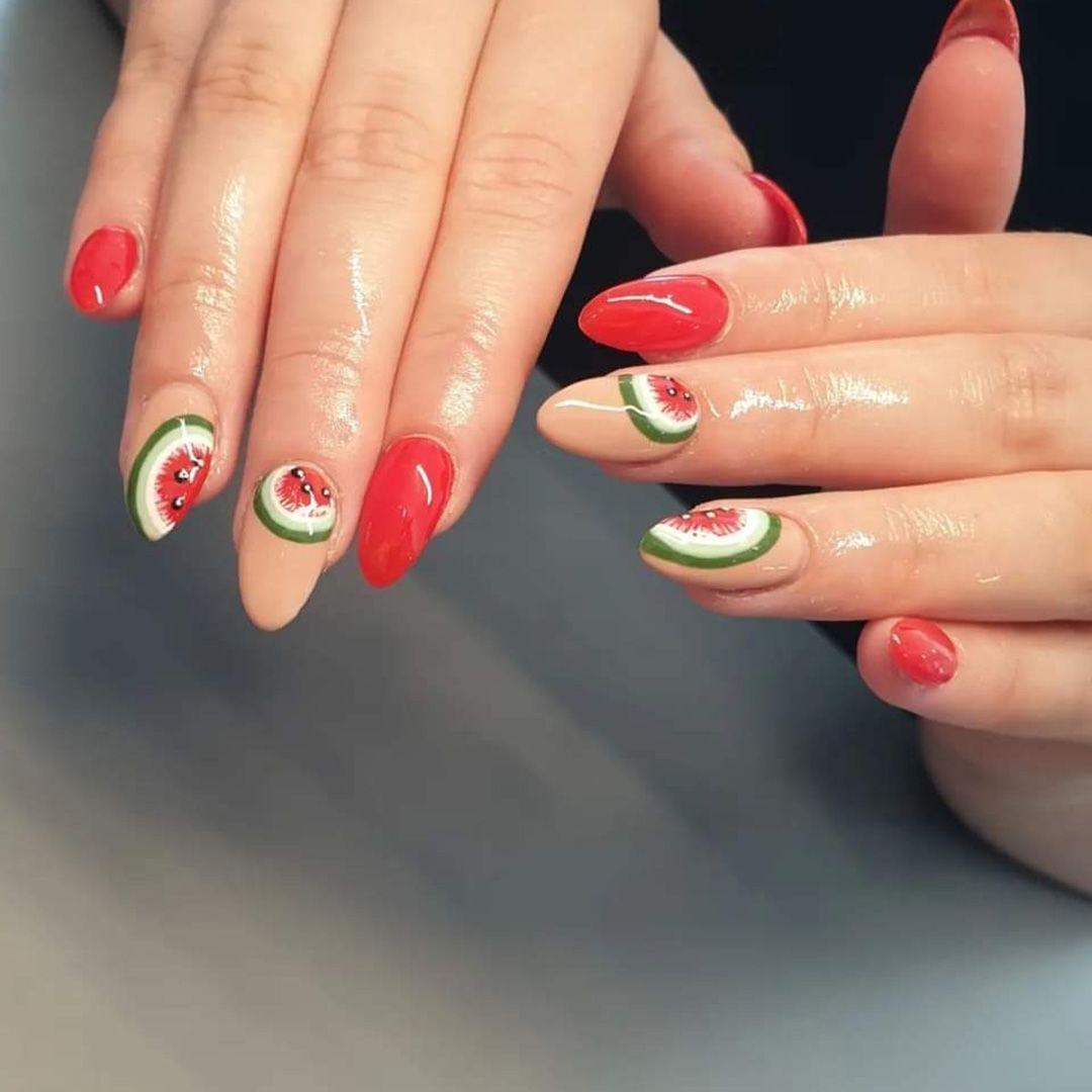 Hard gel nail overlay with watermelon art