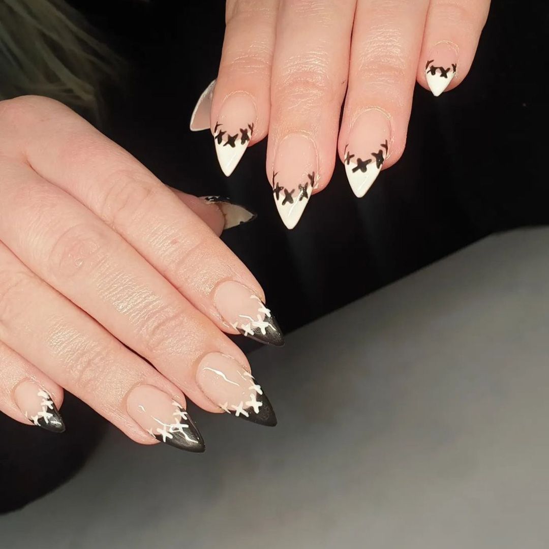 Hard gel nail overlay with black and white stitch effect French