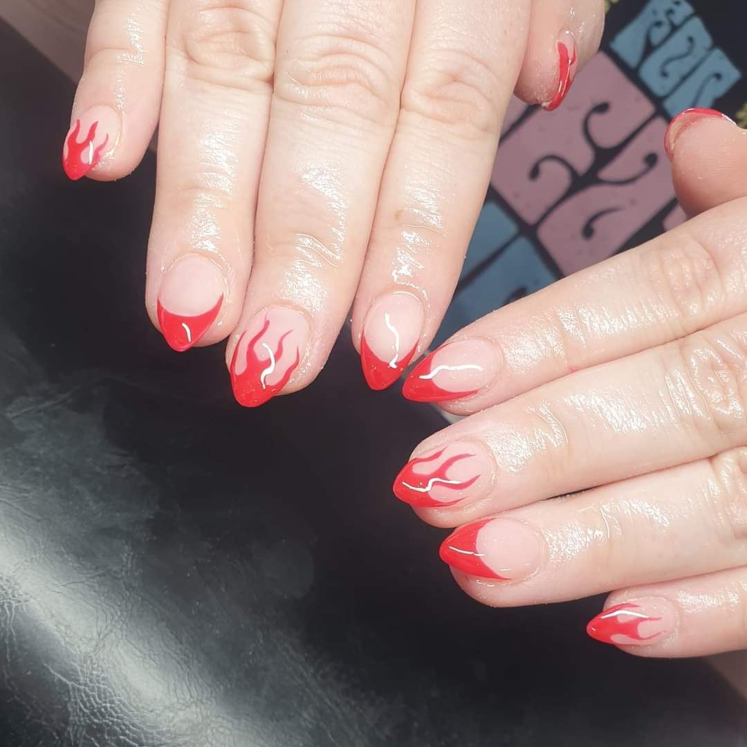 Hard gel nail overlay with red French and flame nail art