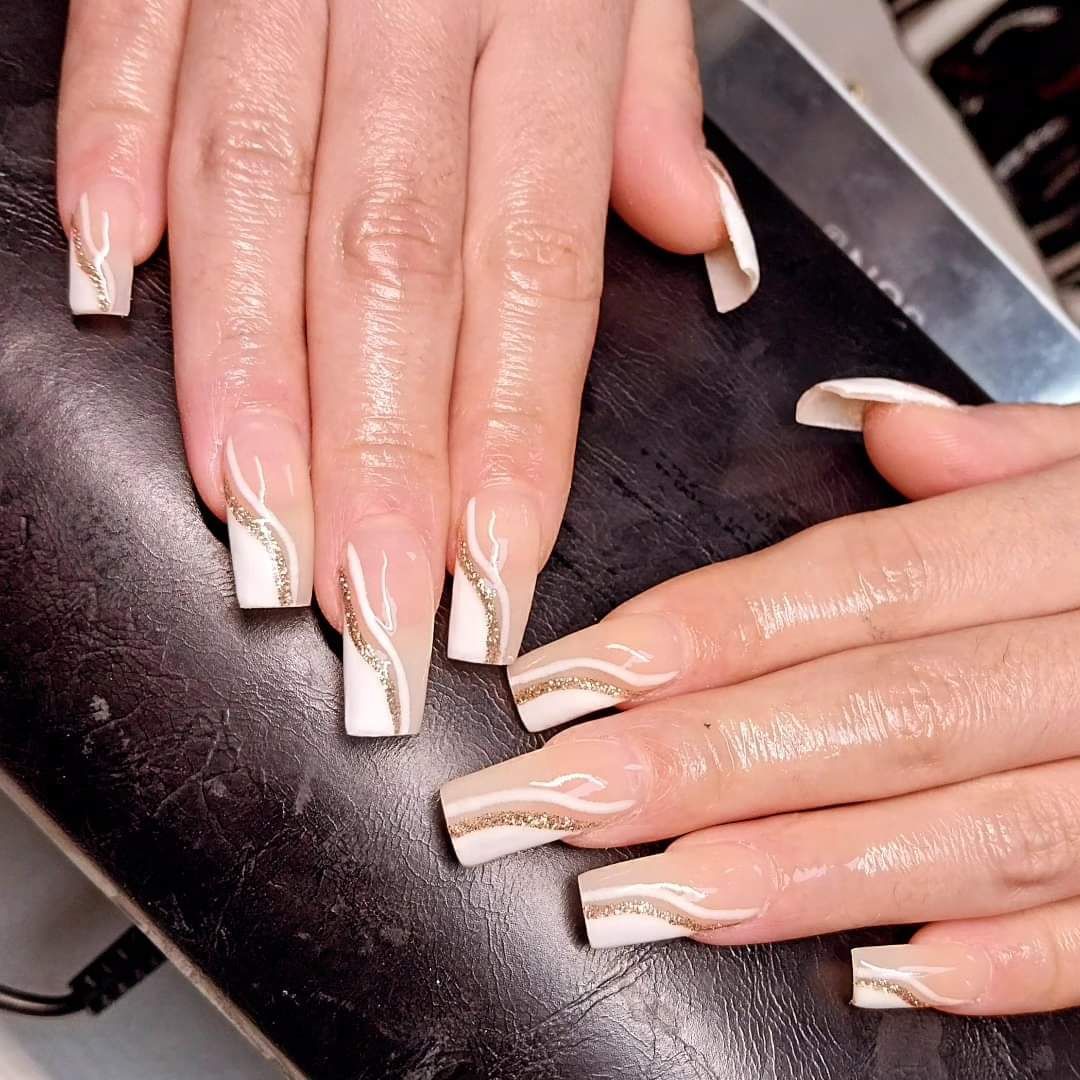 Hard gel nail extensions with French design