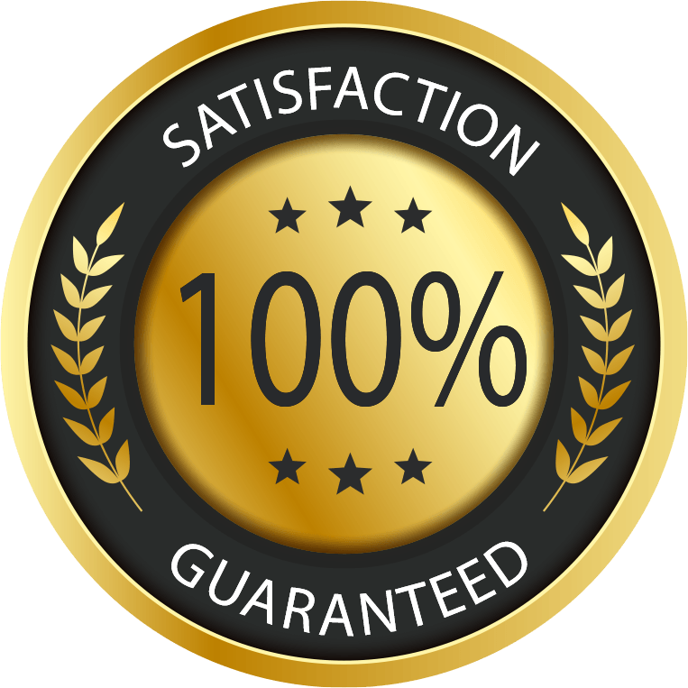 A gold and black satisfaction guaranteed badge