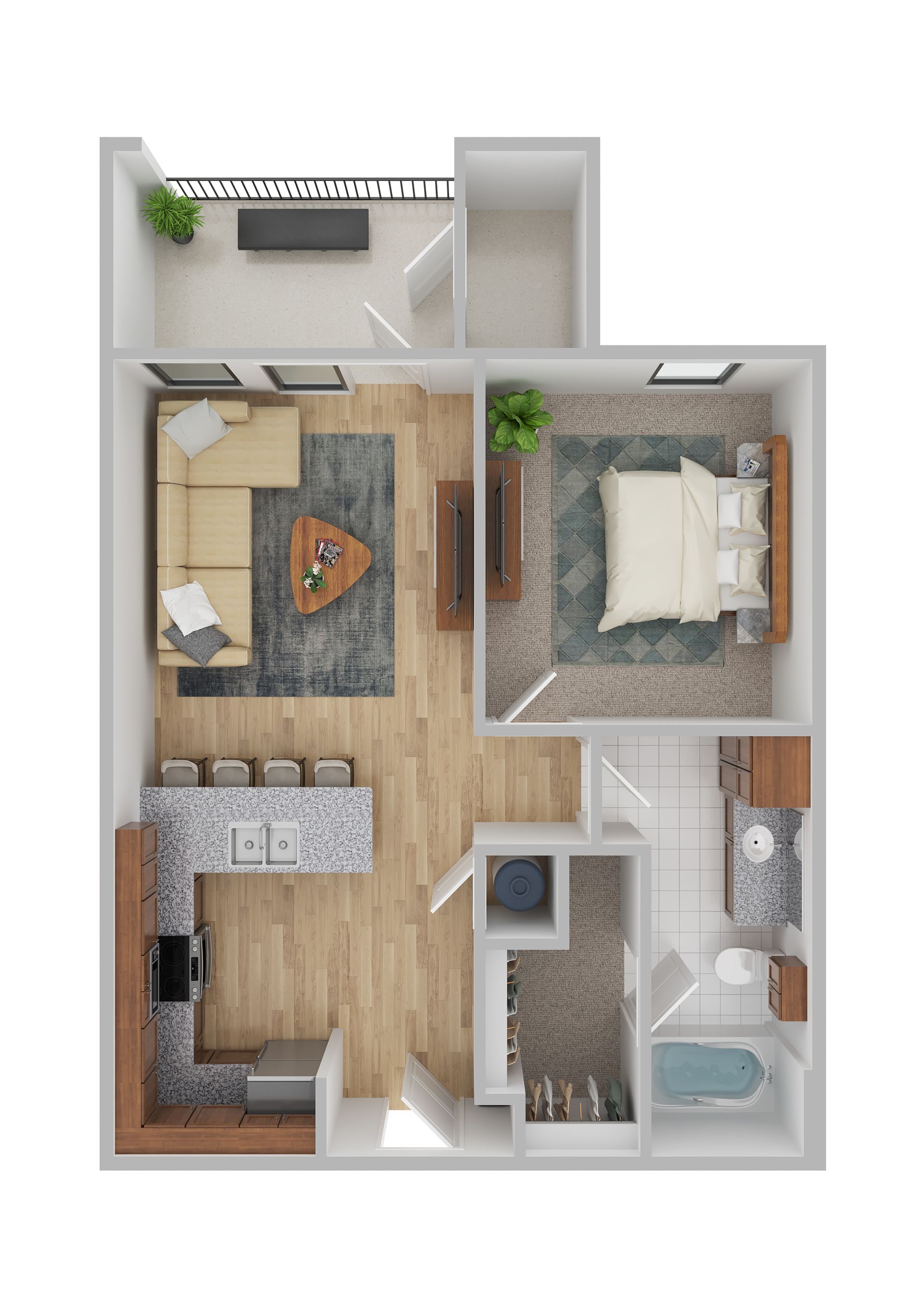 Floor plan of a one-bedroom apartment with a balcony, kitchen, living room, and bathroom.