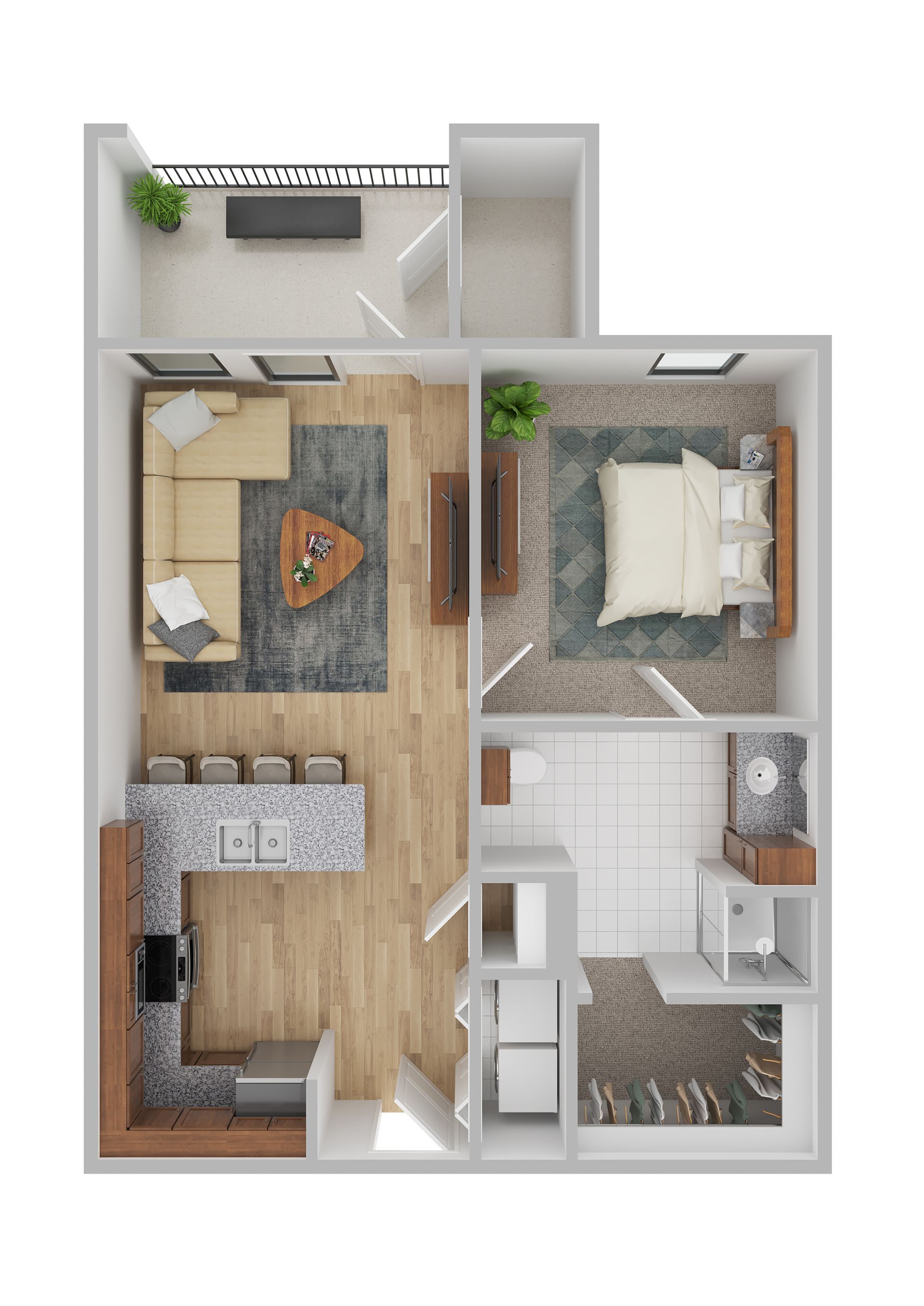 Floor plan rendering of a one-bedroom apartment with a balcony, kitchen, living room, and bathroom.