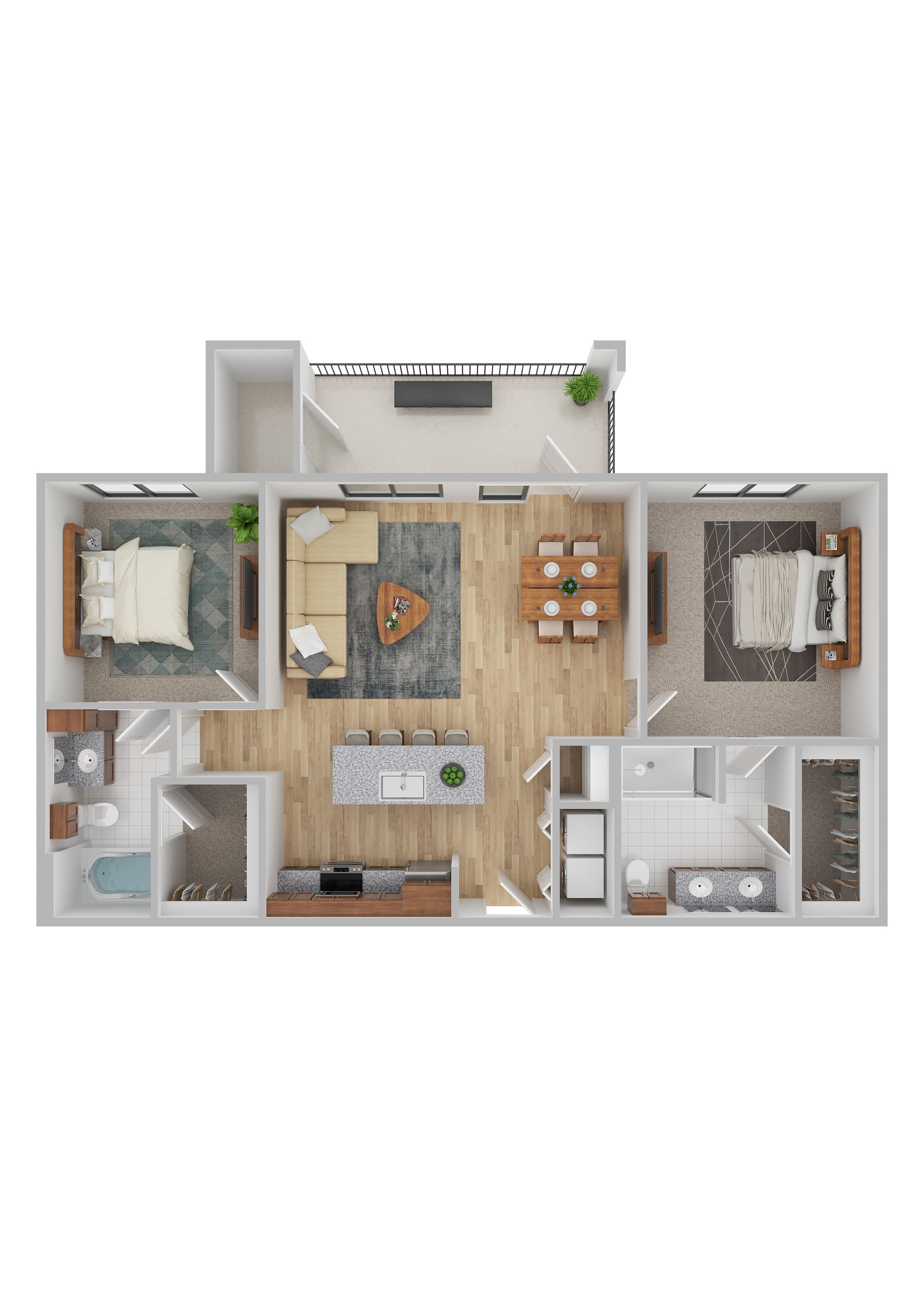 Floor plan of a two-bedroom apartment. Includes living room, kitchen island, dining area, balcony, and two bathrooms.