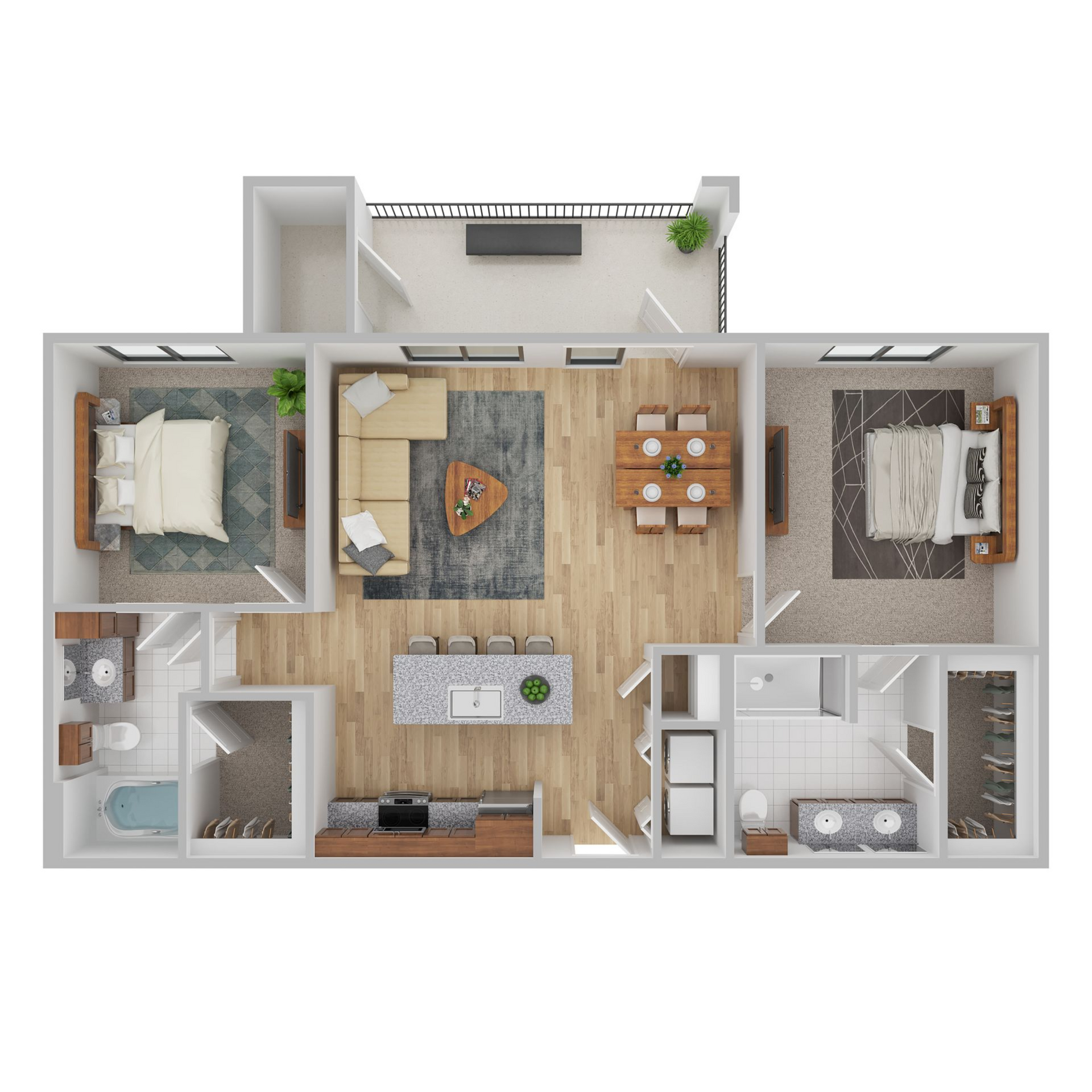 Floor plan of a two-bedroom apartment. Includes a balcony, living room, kitchen, and two bathrooms.