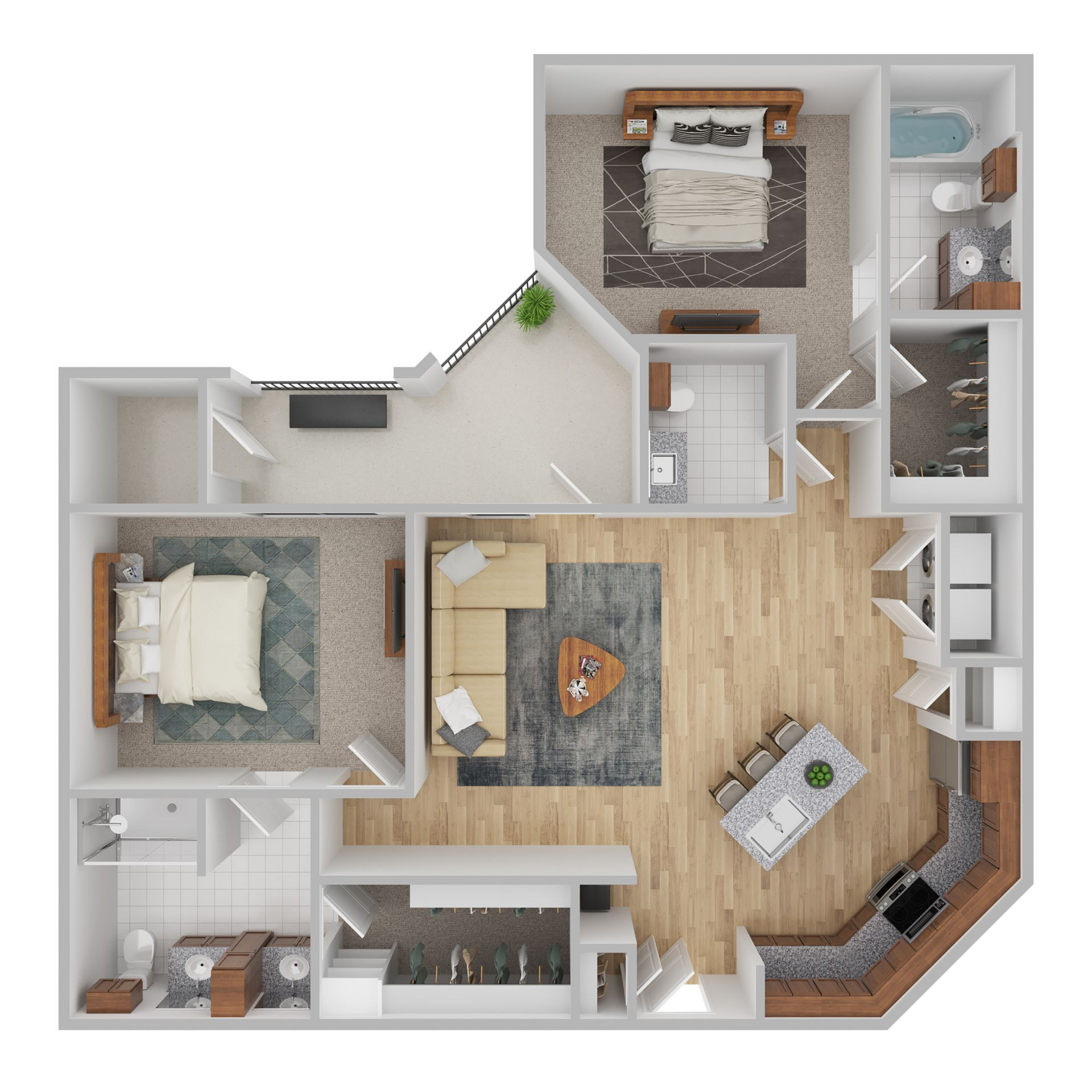 Floor plan of a two-bedroom apartment with a kitchen, living room, and balcony.
