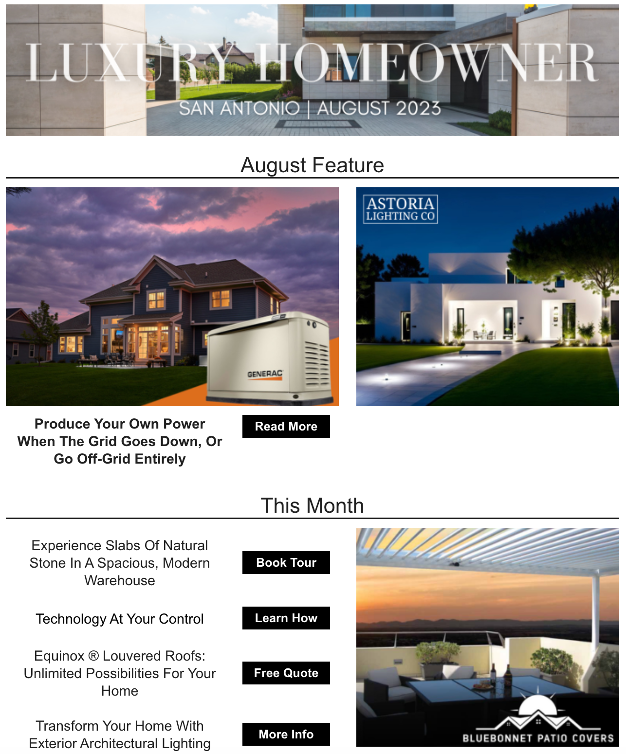A luxury homeowner magazine with a picture of a house and a generator.