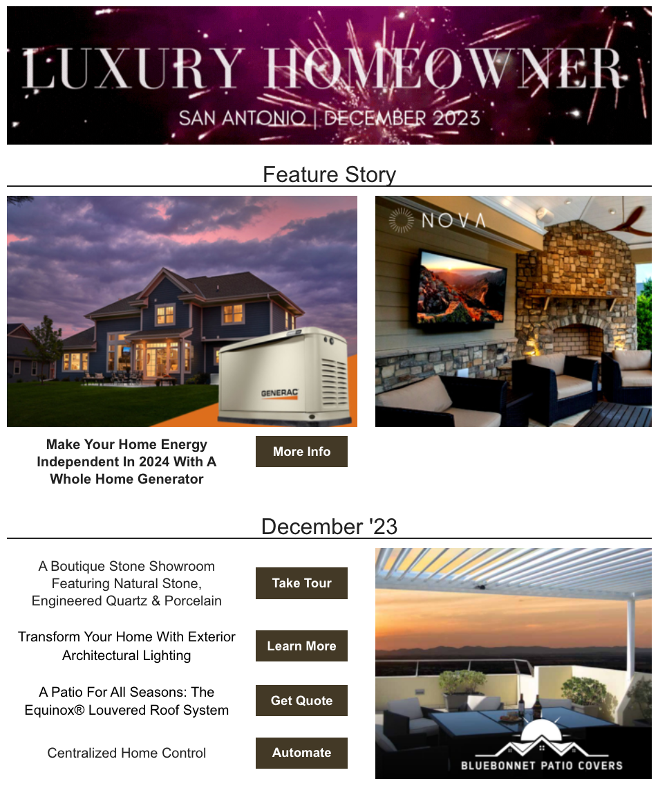 A luxury homeowner magazine with a picture of a house and a picture of a living room.