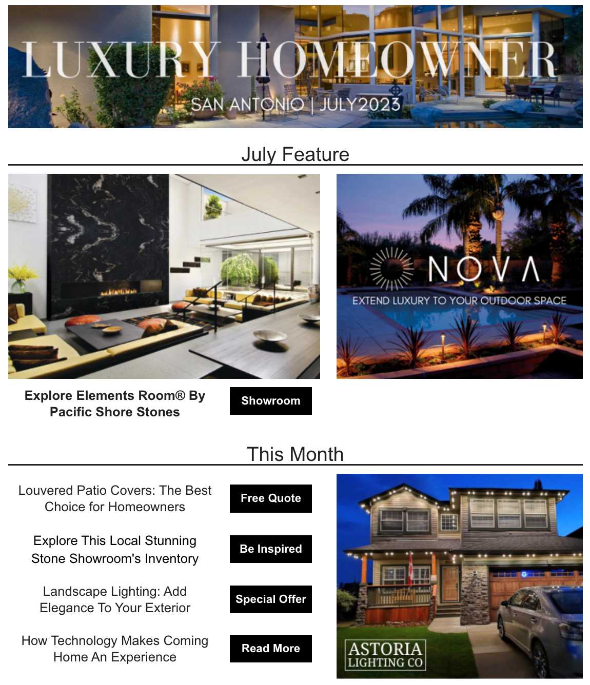 A luxury homeowner magazine with a picture of a living room and a picture of a house.