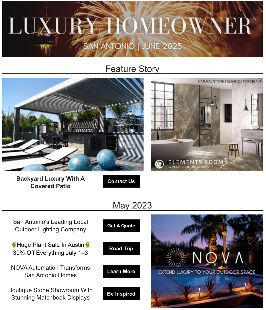 A luxury homeowner magazine with a picture of a house and a picture of a pergola.