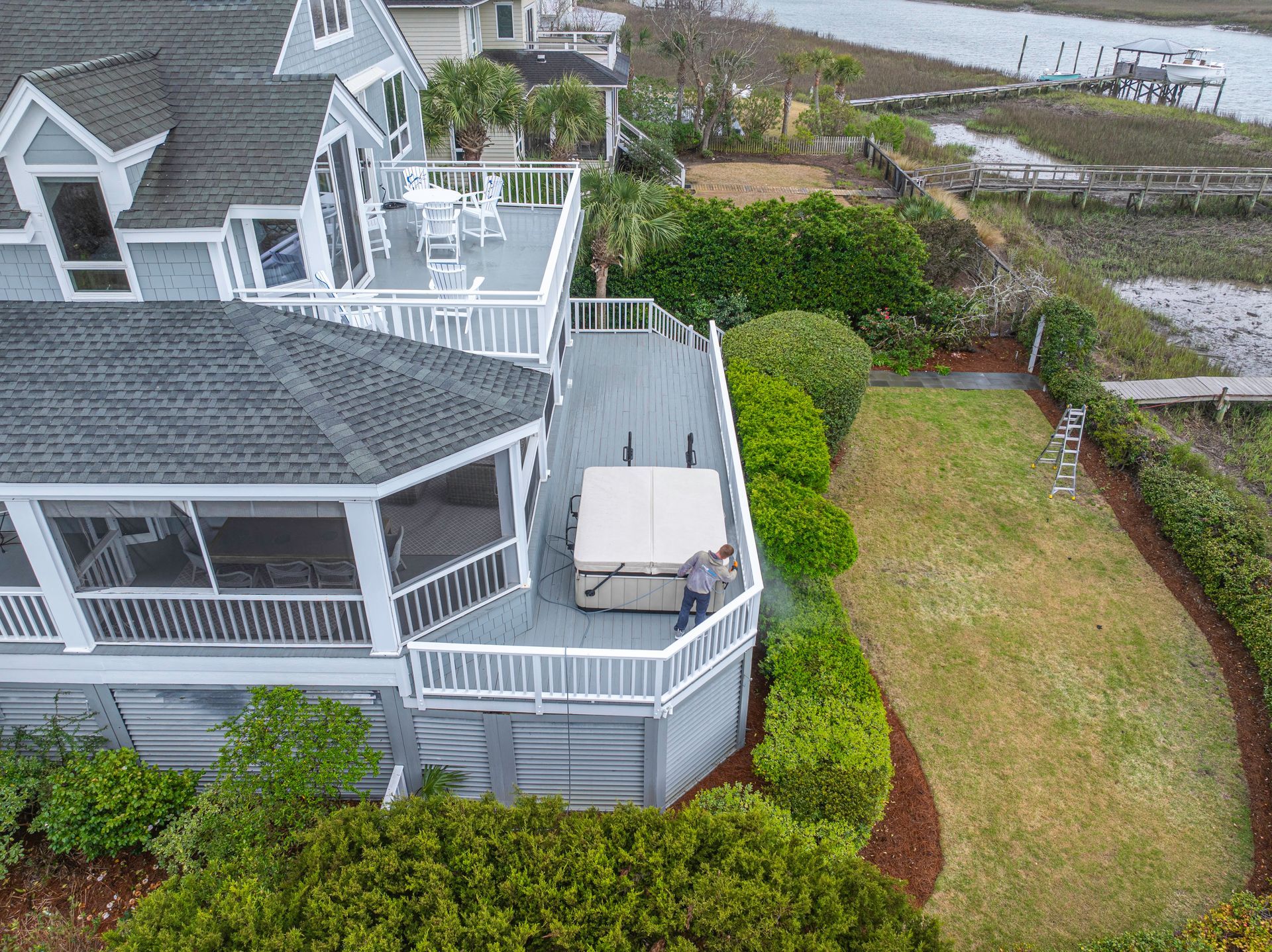 Aerial view of a coastal Charleston home cleaned by TrueWash