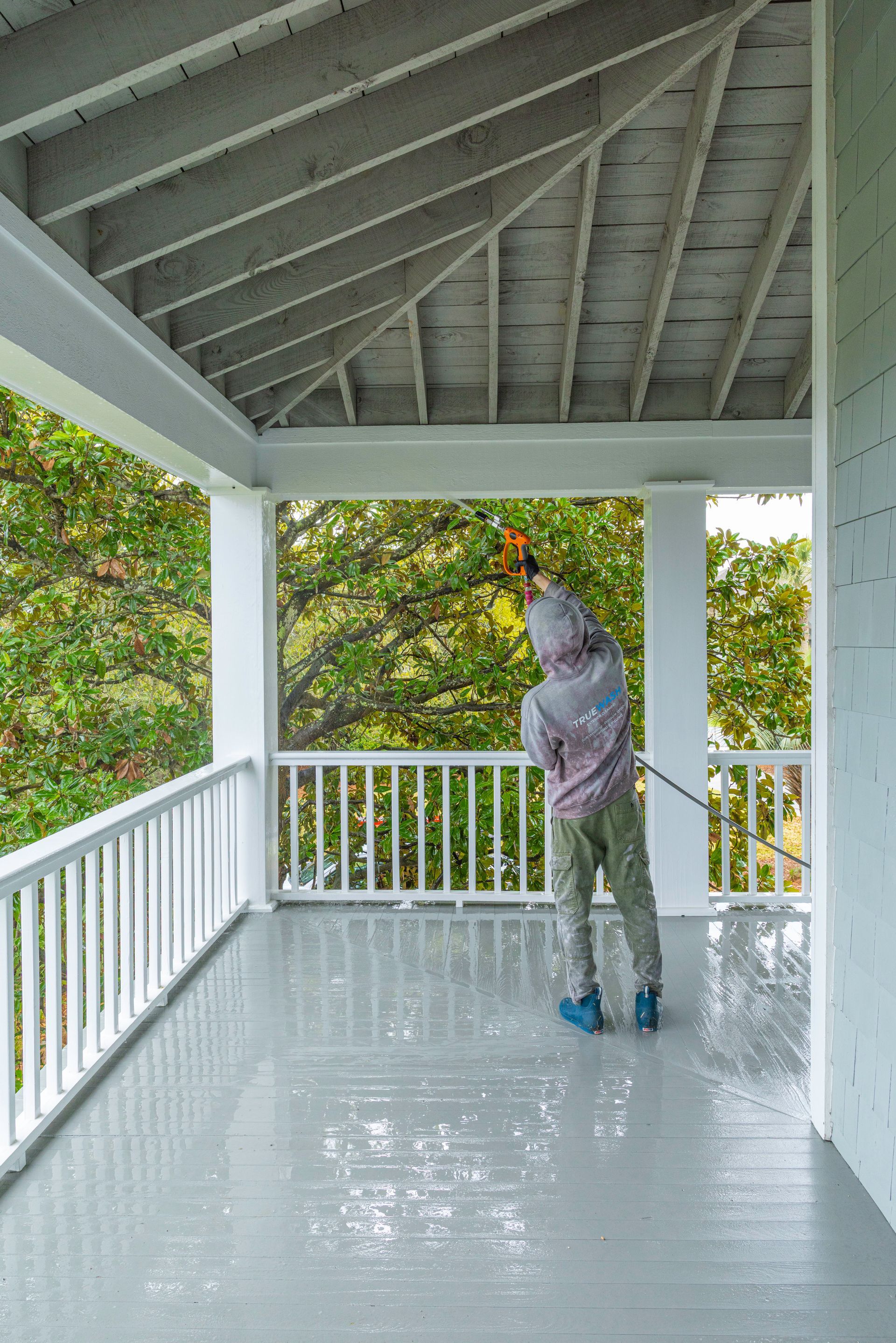 Freshly cleaned porch ceiling and flooring