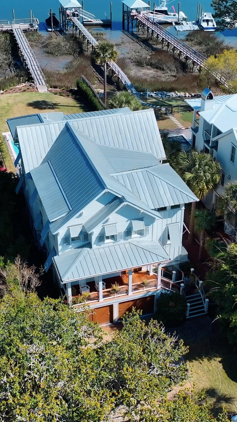 Waterfront Charleston home with a clean metal roof, cleaned by TrueWash