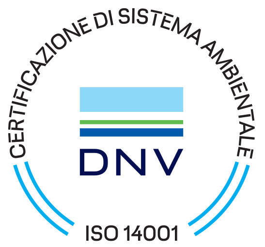 Logo della certificazione di gestione ambientale DNV ISO 14001 con dettagli blu e verdi