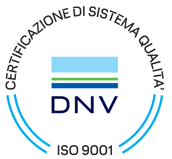 Logo di certificazione del sistema di qualità DNV ISO 9001 con dettagli blu e verdi