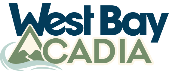West Bay Acadia logo: blue text, green mountains, and water.