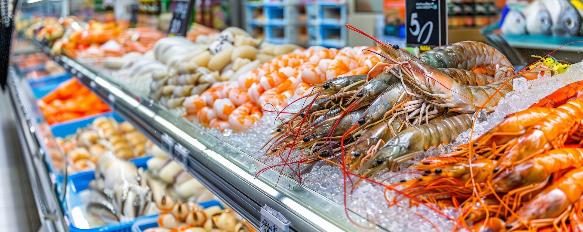 Seafood display in a supermarket. Shrimp, prawns, and other seafood on ice.