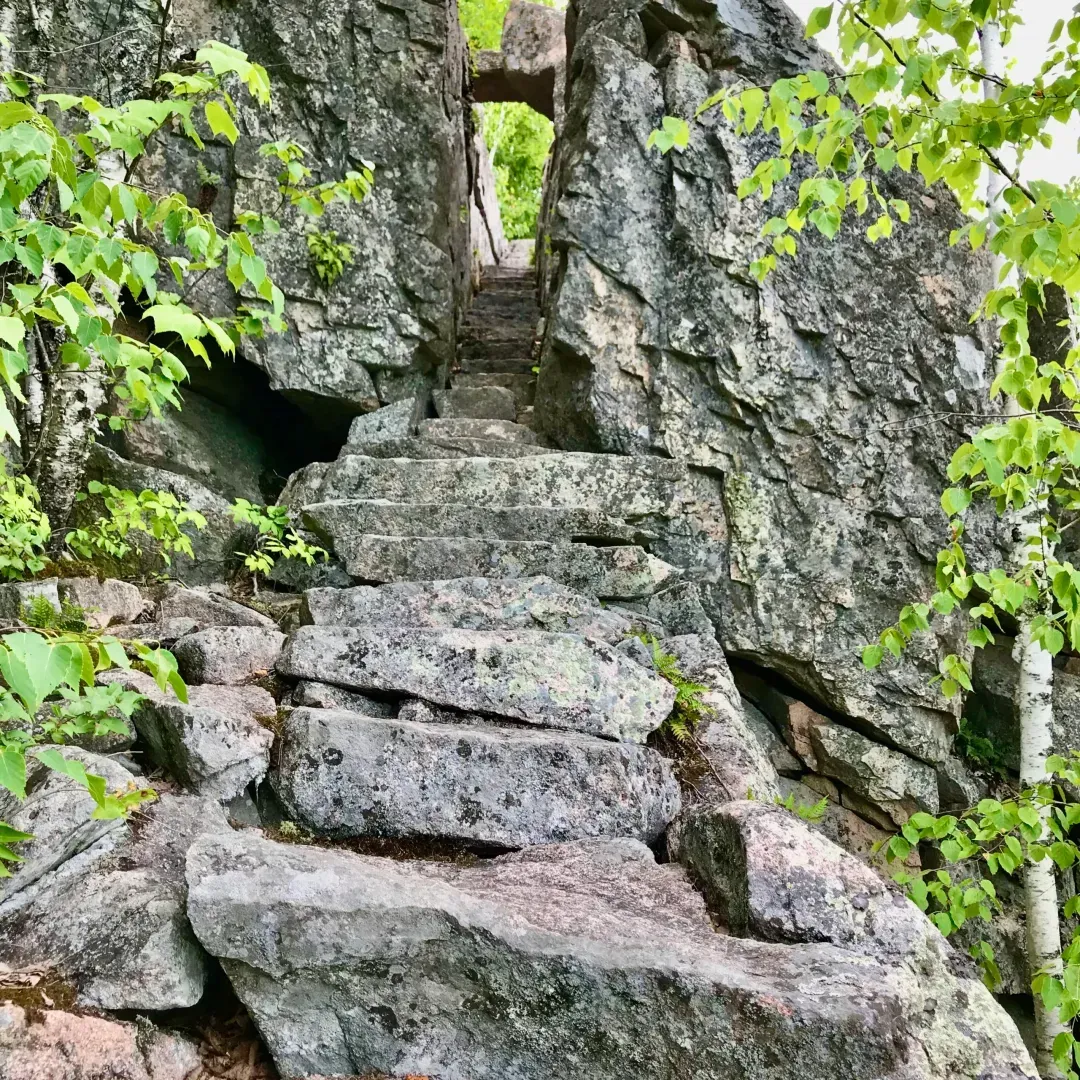 Stone steps carved into a rock face, leading up through a narrow opening. Green foliage surrounds the path.
