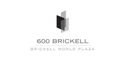 Logo for 600 Brickell, showing abstract geometric shapes above the text "600 Brickell" and "Brickell World Plaza."