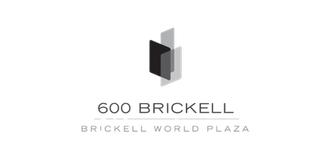Logo for 600 Brickell, showing abstract geometric shapes above the text "600 Brickell" and "Brickell World Plaza."