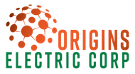 Logo for Origins Electric Corp featuring an orange globe made of connected dots next to the company name in orange and green.