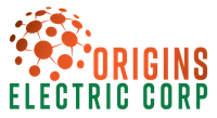 Logo for Origins Electric Corp featuring an orange, sphere-shaped network icon next to the company name in orange and green.