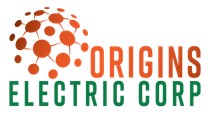 Logo for Origins Electric Corp featuring an orange globe made of connected dots next to the company name in orange and green.