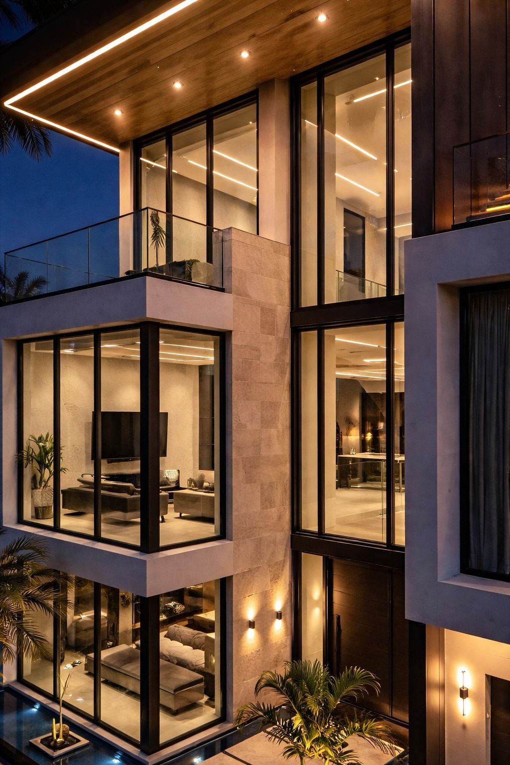 A modern open-plan living room and kitchen featuring white cabinetry, a marble TV wall, and pendant lighting.