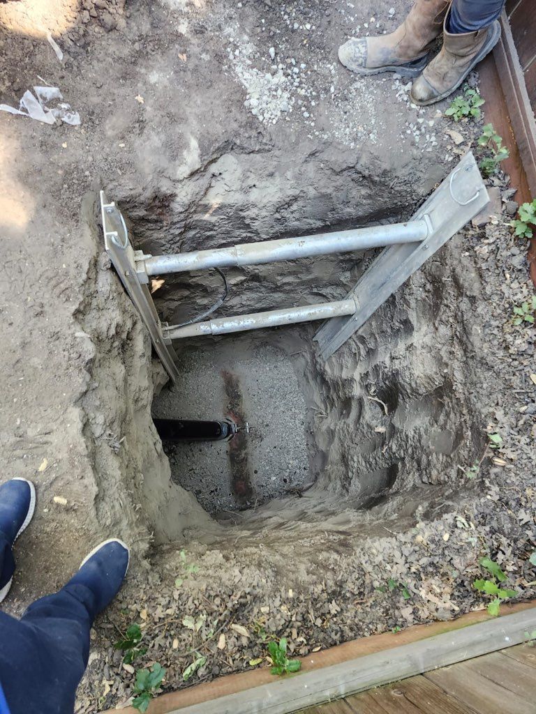 A person is standing in a hole in the ground next to a ladder.