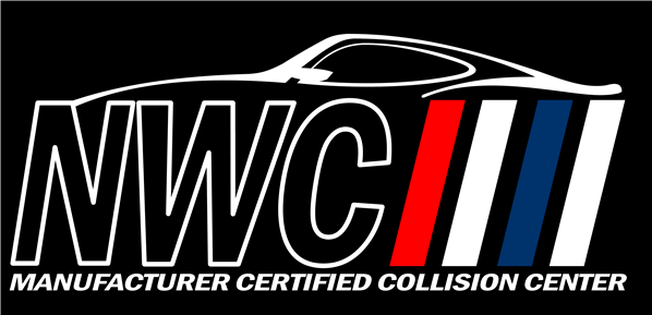Logo for NWC Manufacturer Certified Collision Center; black background with white outline of a car and text. Vertical red, white, blue stripes.