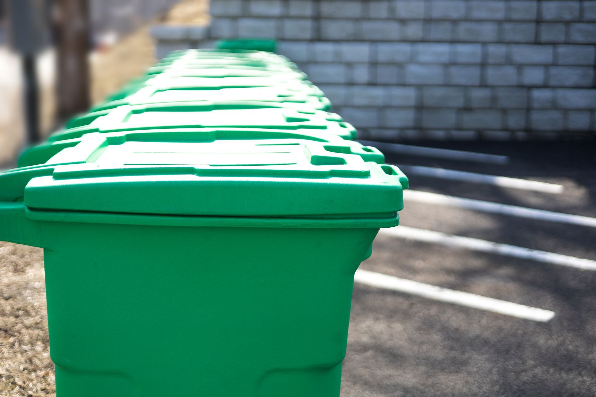 A row of green trash cans are lined up in a parking lot.